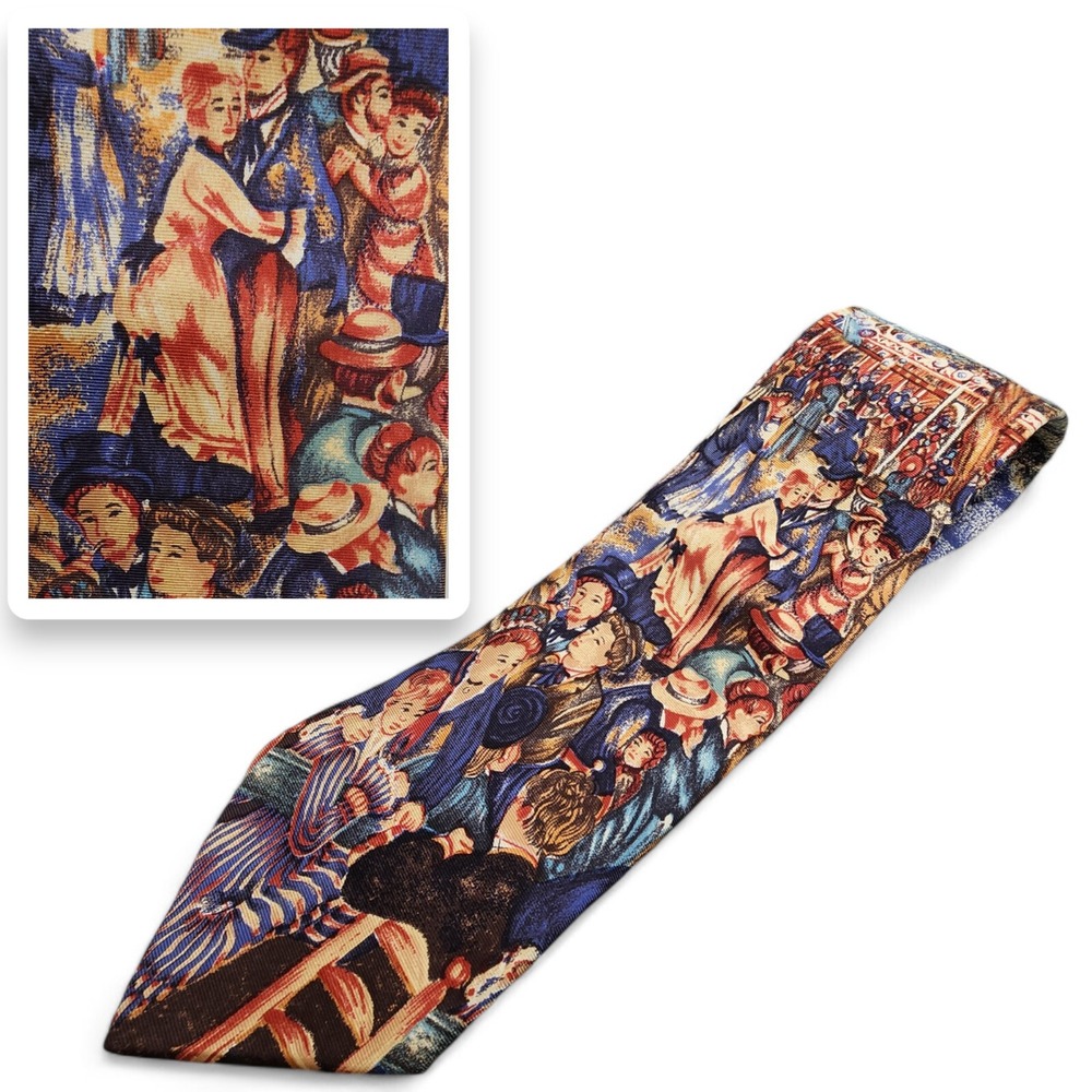 Lands End Impressionist Painting Partying Cafe Tie 100% Silk Handsewn in USA